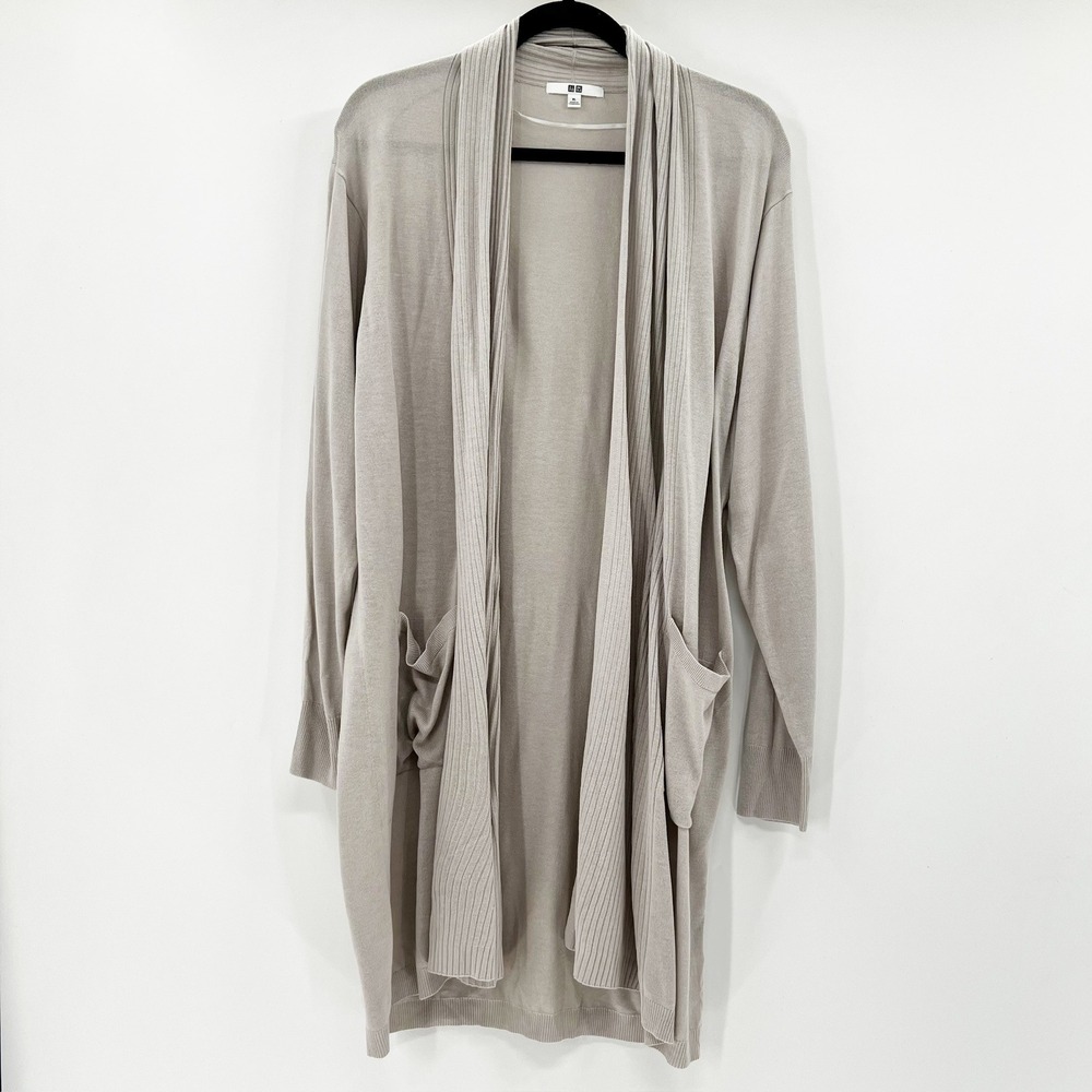 Uniqlo‎ Womens XL Taupe Beige Longline Open Front Shawl Collar Cardigan